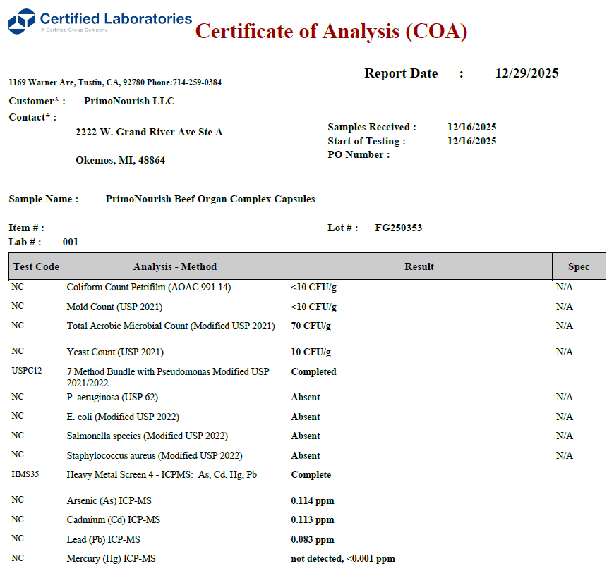 PrimoNourish Grass-Fed Beef Organ Complex – Pasture-Raised Blend of Liver, Heart, Kidney, Pancreas & Spleen – Supports Energy, Vitality & Whole-Body Wellness – Hormone-Free, 180 Capsules, Made in USA