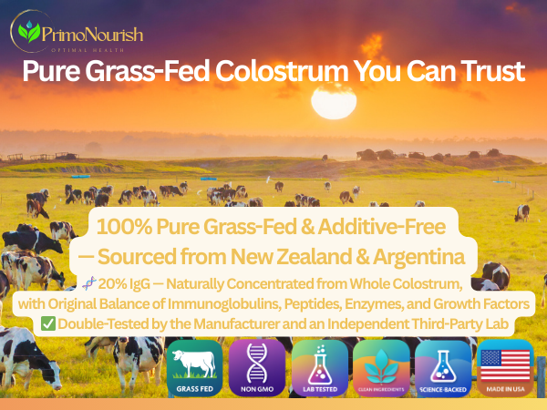 PrimoNourish Grass-Fed, Pasture-Raised Pure Bovine Colostrum Powder for Immune & Gut Support, Energy & Recovery – 240g (240 Servings), Naturally Concentrated from Whole Colostrum, Non-GMO, Made in USA