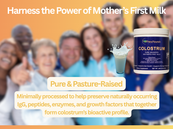 PrimoNourish Grass-Fed, Pasture-Raised Pure Bovine Colostrum Powder for Immune & Gut Support, Energy & Recovery – 240g (240 Servings), Naturally Concentrated from Whole Colostrum, Non-GMO, Made in USA