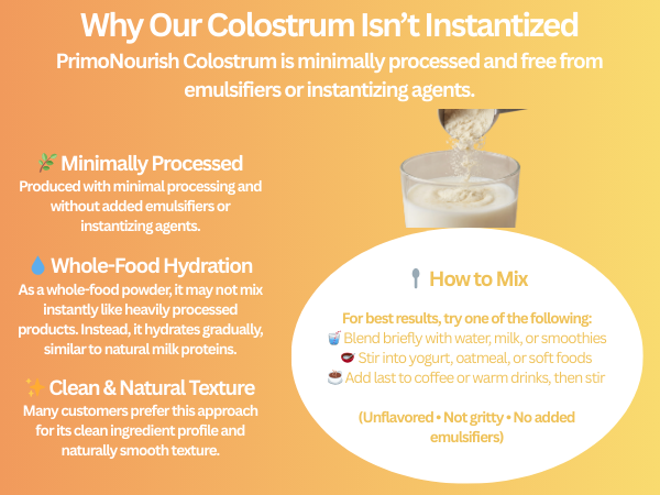 PrimoNourish Grass-Fed, Pasture-Raised Pure Bovine Colostrum Powder for Immune & Gut Support, Energy & Recovery – 240g (240 Servings), Naturally Concentrated from Whole Colostrum, Non-GMO, Made in USA