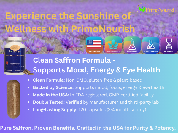 PrimoNourish Premium Saffron Extract Supplement Capsules for Mood, Focus & Energy – 88.5 mg per Capsule, 120 Capsules (2-4 Month Supply), Non-GMO, Vegetarian, Made in USA