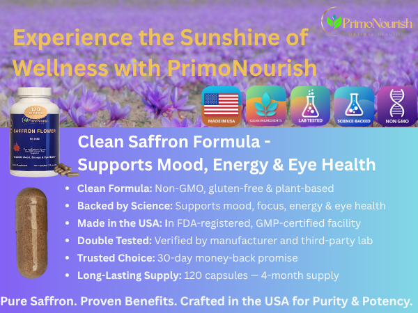 PrimoNourish Premium Saffron Extract Supplement Capsules for Mood, Focus & Energy – 88.5 mg per Capsule, 120 Capsules (4-Month Supply), Non-GMO, Vegetarian, Made in USA, Third-Party Tested