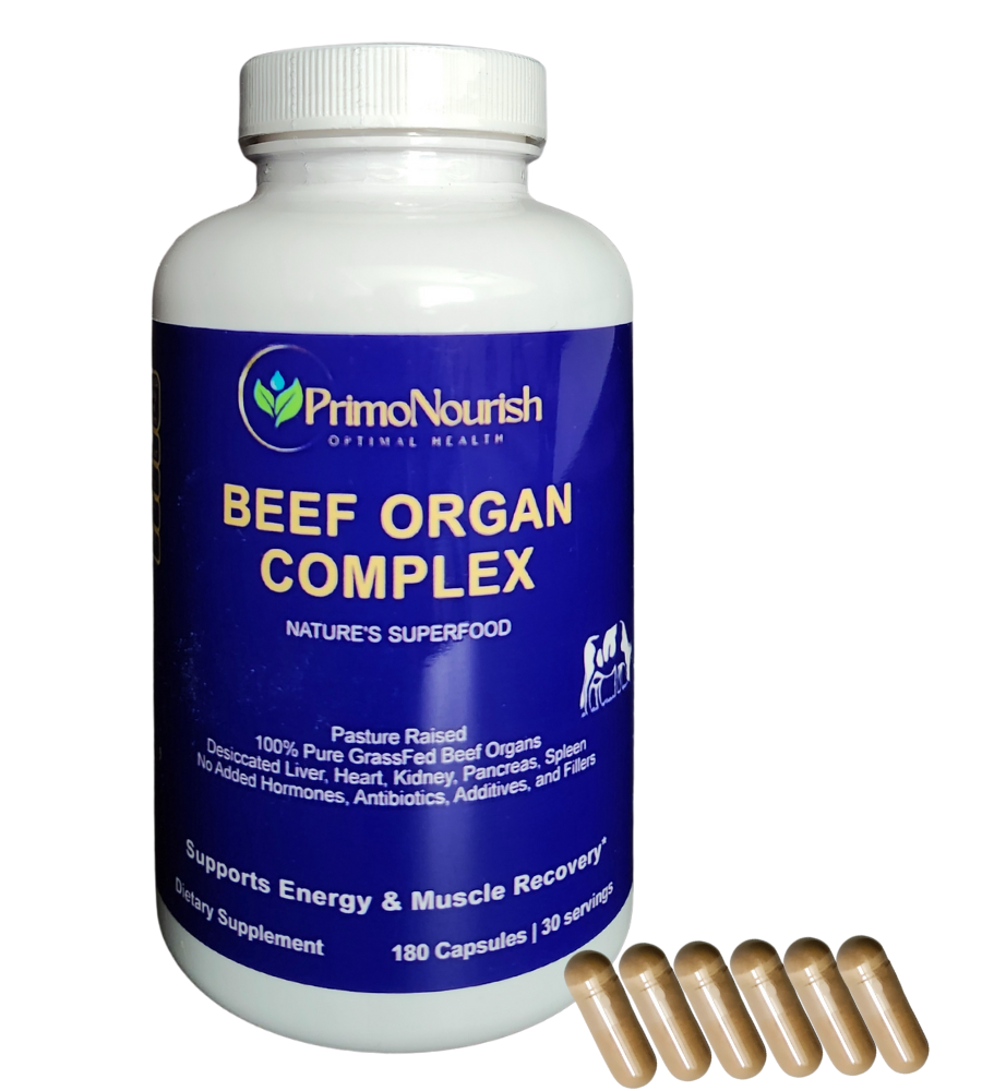 PrimoNourish Grass-Fed Beef Organ Complex – Pasture-Raised Blend of Liver, Heart, Kidney, Pancreas & Spleen – Supports Energy, Vitality & Whole-Body Wellness – Hormone-Free, 180 Capsules, Made in USA