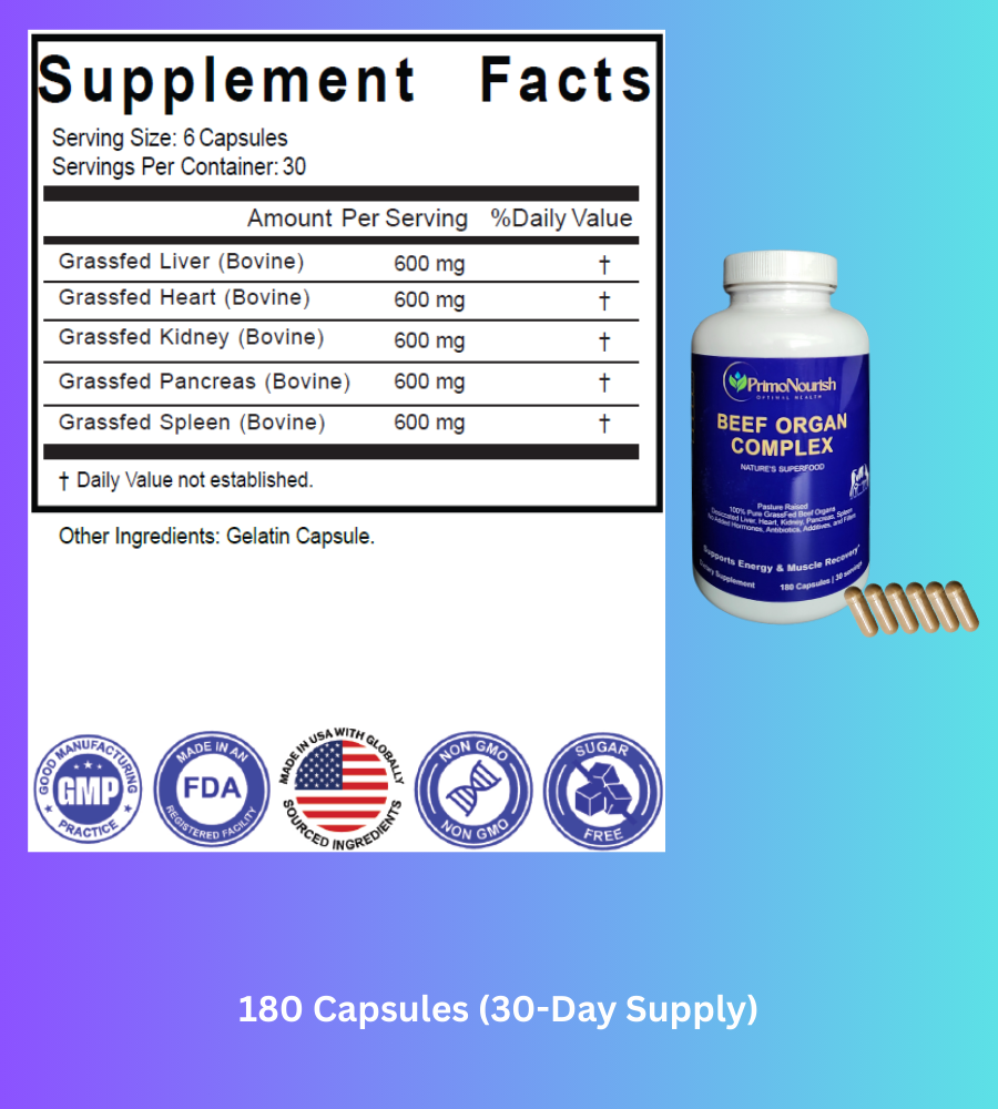 PrimoNourish Grass-Fed Beef Organ Complex – Pasture-Raised Blend of Liver, Heart, Kidney, Pancreas & Spleen – Supports Energy, Vitality & Whole-Body Wellness – Hormone-Free, 180 Capsules, Made in USA