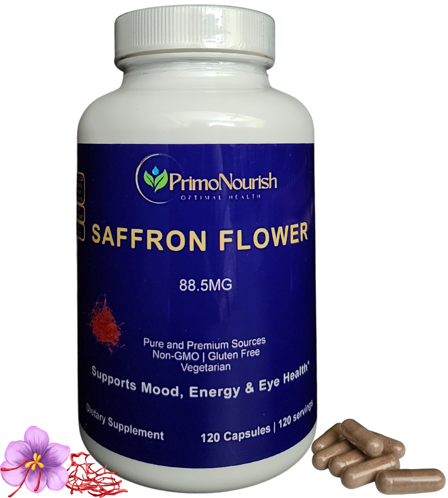 PrimoNourish Saffron Flower Supplement – 88.5mg Pure Saffron per Capsule – Supports Mood, Focus, Energy & Eye Health – Non-GMO, Gluten-Free, Vegetarian – 120 Capsules (4-Month Supply) – Made in USA