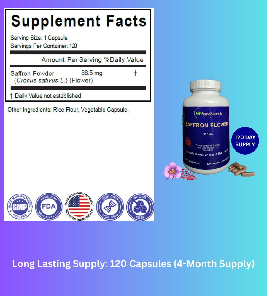 PrimoNourish Saffron Flower Supplement – 88.5mg Pure Saffron per Capsule – Supports Mood, Focus, Energy & Eye Health – Non-GMO, Gluten-Free, Vegetarian – 120 Capsules (4-Month Supply) – Made in USA