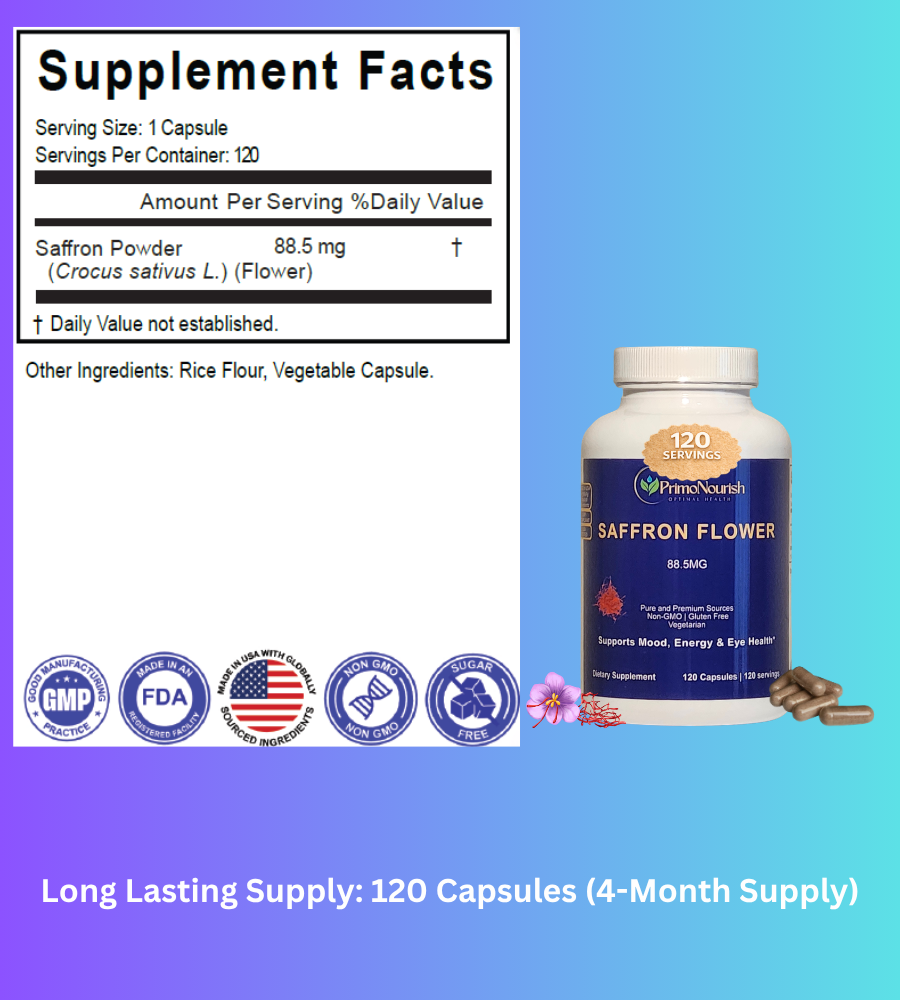 PrimoNourish Premium Saffron Extract Supplement Capsules for Mood, Focus & Energy – 88.5 mg per Capsule, 120 Capsules (4-Month Supply), Non-GMO, Vegetarian, Made in USA, Third-Party Tested