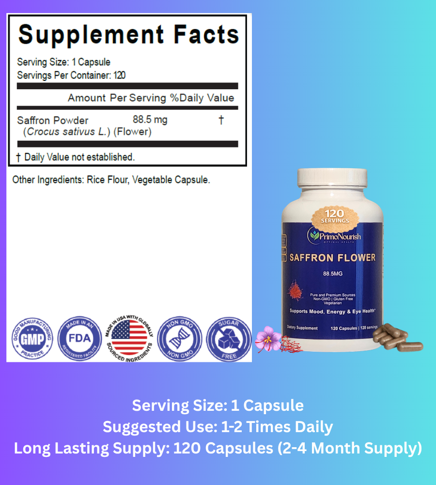 PrimoNourish Premium Saffron Extract Supplement Capsules for Mood, Focus & Energy – 88.5 mg per Capsule, 120 Capsules (2-4 Month Supply), Non-GMO, Vegetarian, Made in USA
