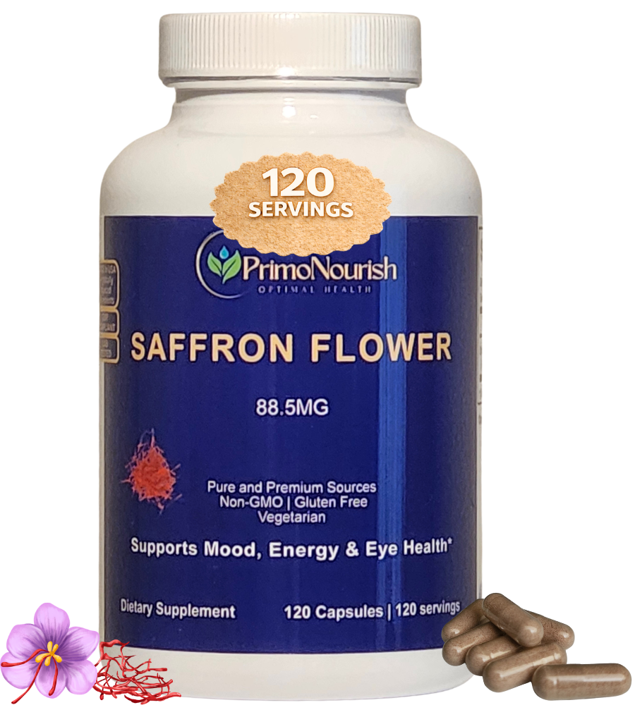PrimoNourish Saffron Flower Supplement – 88.5mg Pure Saffron per Capsule – Supports Mood, Focus, Energy & Eye Health – Non-GMO, Gluten-Free, Vegetarian – 120 Capsules (4-Month Supply) – Made in USA