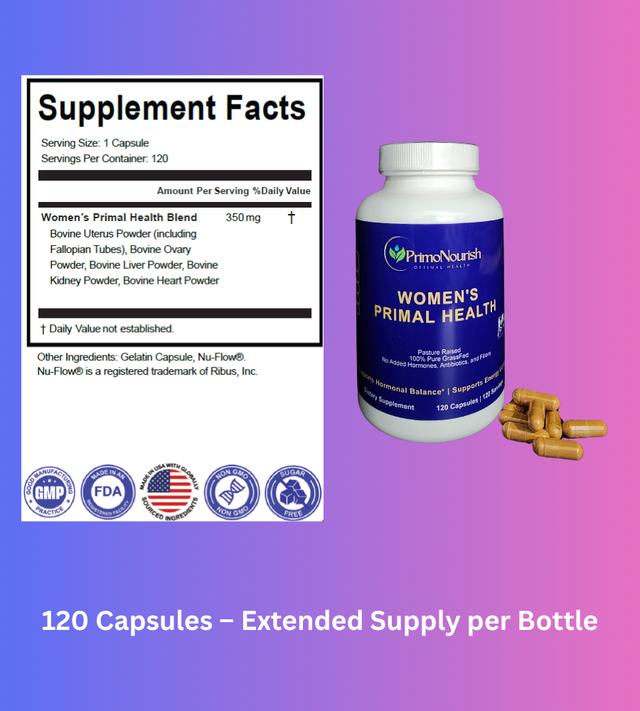 PrimoNourish Women’s Primal Health – Grass-Fed Beef Organ Complex (Liver, Kidney, Heart & Other Organs) – Supports Energy, Vitality & Hormone Balance – Non-GMO, Additive-Free – 120 Capsules, USA Made