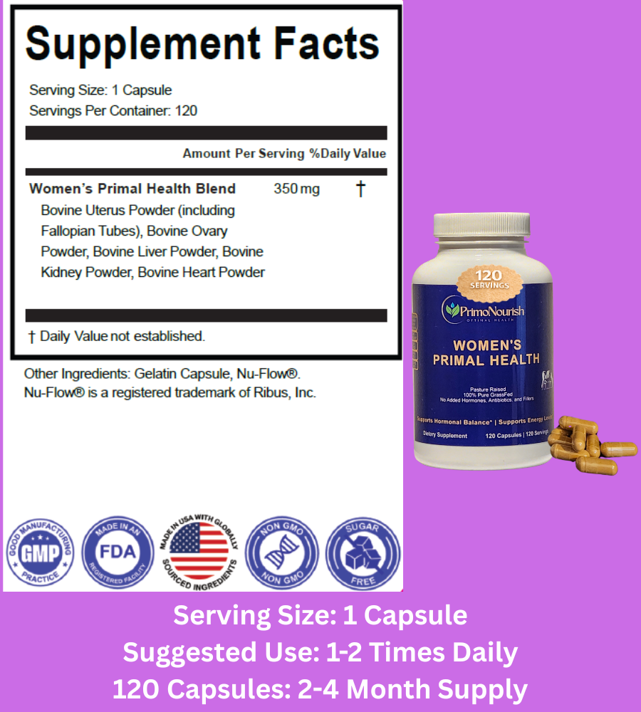 PrimoNourish Grass-Fed Beef Organ Supplement for Women – Whole-Food Nutrients (Iron & B Vitamins) for Energy & Daily Vitality – Pasture-Raised Beef Organ Blend w/ Female-Specific Organs – 120 Capsules, Made in USA