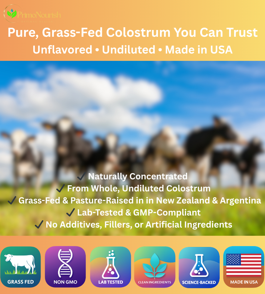 PrimoNourish Grass-Fed, Pasture-Raised Pure Bovine Colostrum Powder for Immune & Gut Support, Energy & Recovery – 240g (240 Servings), Naturally Concentrated from Whole Colostrum, Non-GMO, Made in USA