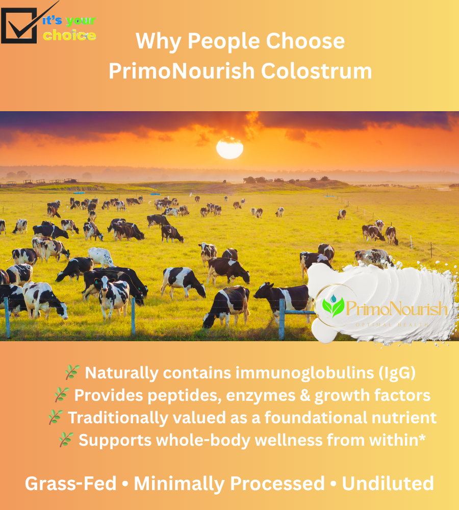 PrimoNourish Grass-Fed, Pasture-Raised Pure Bovine Colostrum Powder for Immune & Gut Support, Energy & Recovery – 240g (240 Servings), Naturally Concentrated from Whole Colostrum, Non-GMO, Made in USA