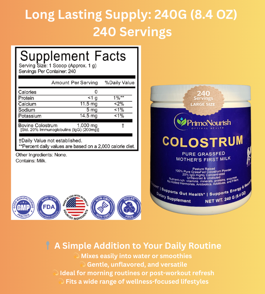 Grass-Fed Pure Bovine Colostrum Powder, 20% IgG Naturally Concentrated, Supports Immune & Gut Health, Energy & Recovery, Non-GMO & Gluten-Free, 240g, Made in USA