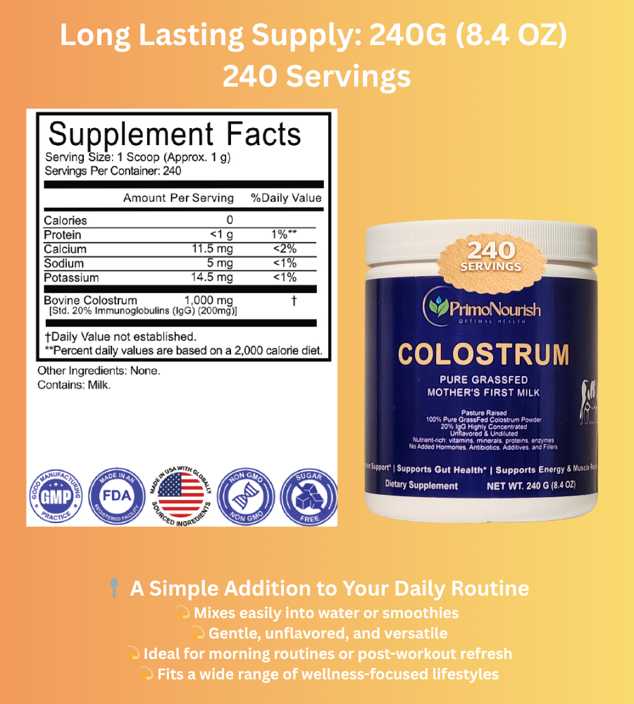 PrimoNourish Grass-Fed, Pasture-Raised Pure Bovine Colostrum Powder for Immune & Gut Support, Energy & Recovery – 240g (240 Servings), Naturally Concentrated from Whole Colostrum, Non-GMO, Made in USA