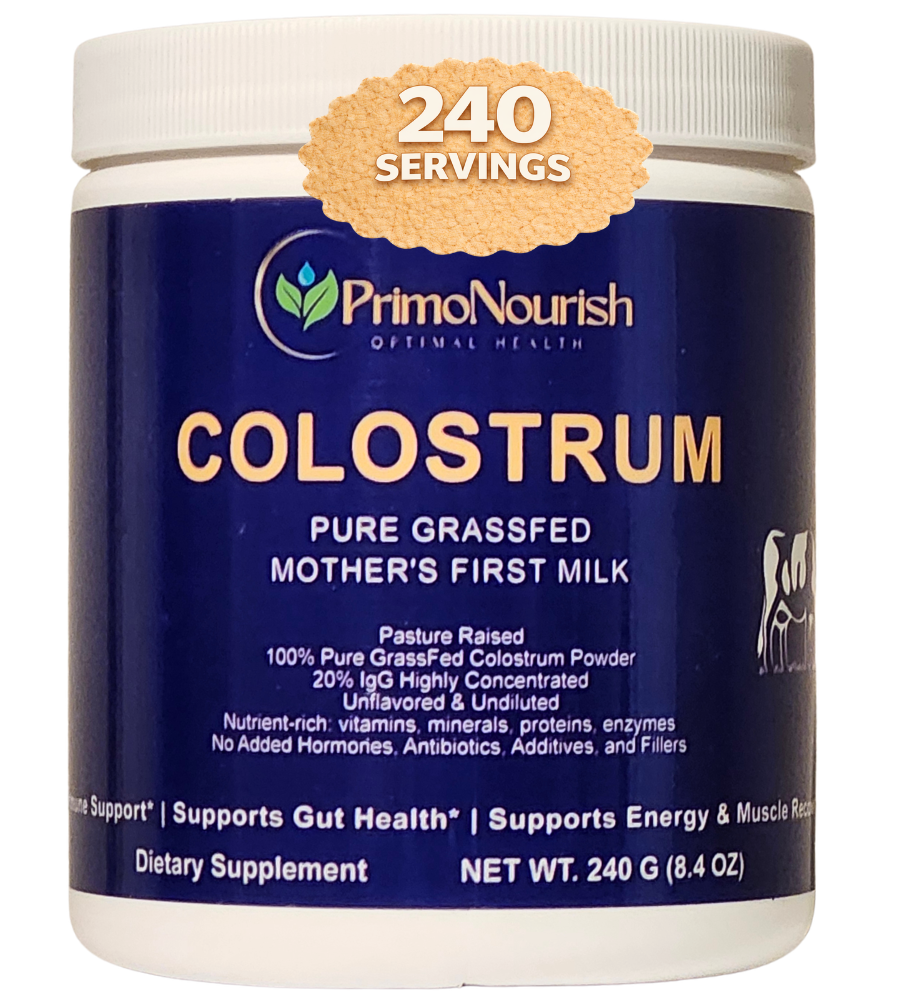 PrimoNourish Grass-Fed, Pasture-Raised Pure Bovine Colostrum Powder for Immune & Gut Support, Energy & Recovery – 240g (240 Servings), Naturally Concentrated from Whole Colostrum, Non-GMO, Made in USA
