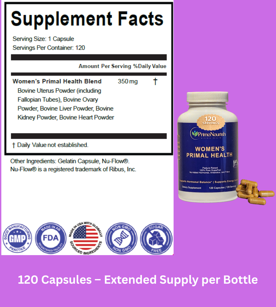 PrimoNourish Women’s Primal Health – Grass-Fed Beef Organ Complex (Liver, Kidney, Heart & Other Organs) – Supports Energy, Vitality & Hormone Balance – Non-GMO, Additive-Free – 120 Capsules, USA Made